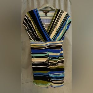 Stretch striped mini dress, ruching form fitting sexy deep v neck petite medium